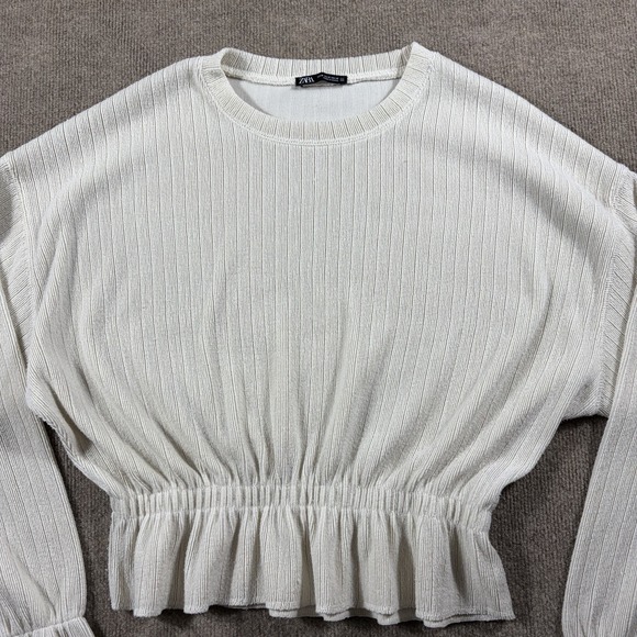 Zara Tops - Zara Ribbed Knit Cropped Sweater White Cotton Crew Neck Lightweight Size M